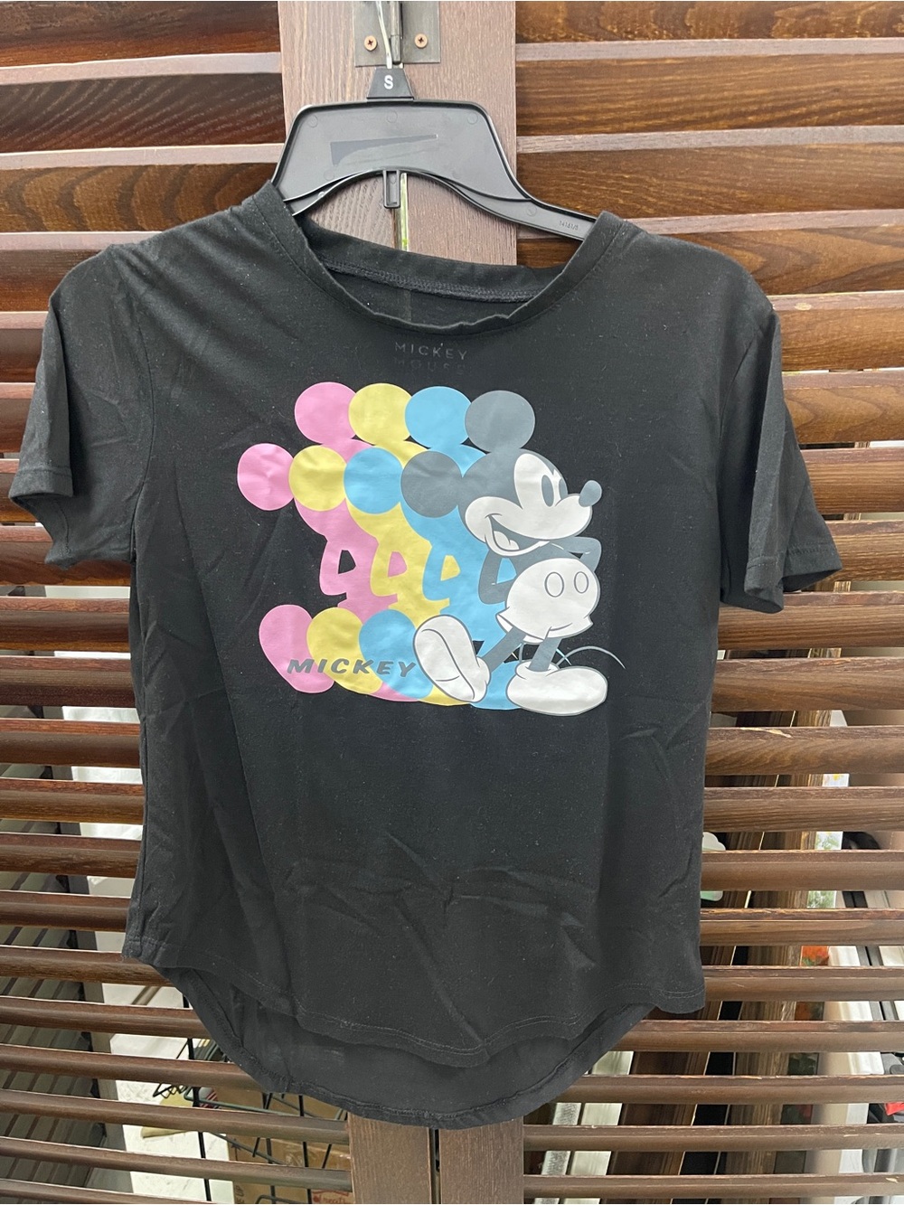 Disney Black juniors Tee with Pink Yellow Blue Mickey Graphic
